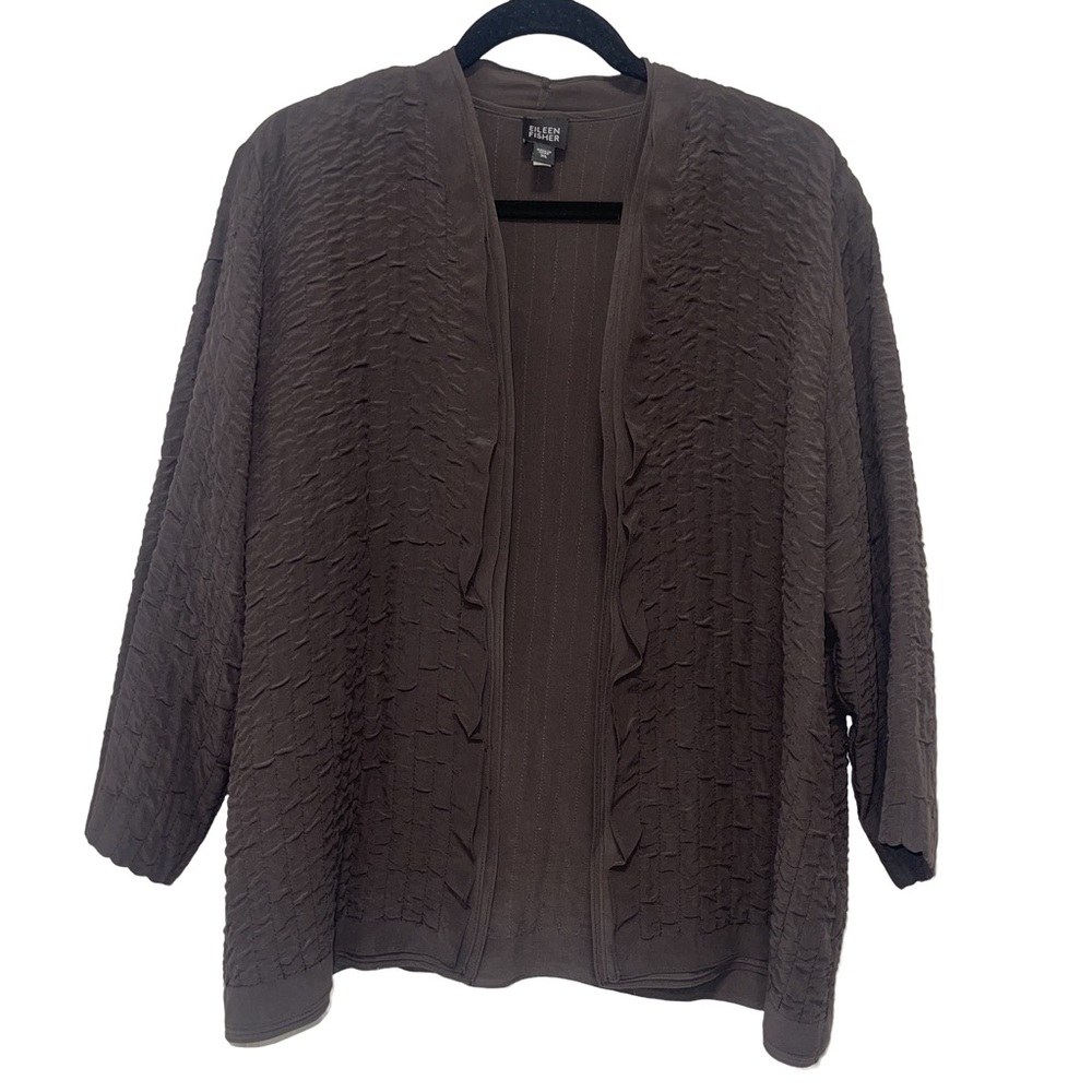 Eileen Fisher Brown Quilted Silk Crepe De Chine Open Front Jacket Cardigan XL